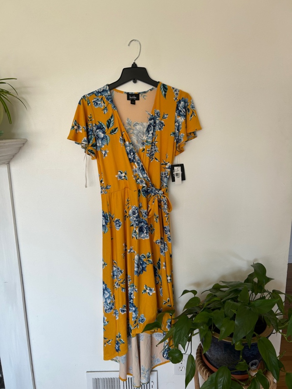 by & by Mustard Yellow Floral High-Low Wrap Dress